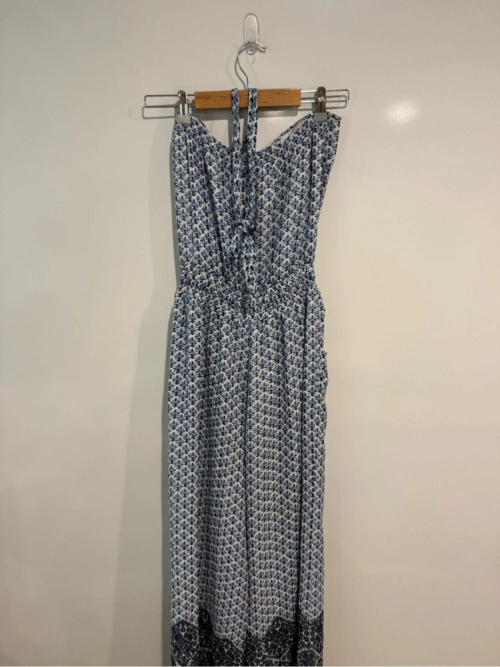 Tory Burch Silk Baja Blue Printed Halter Tassel Jumpsuit